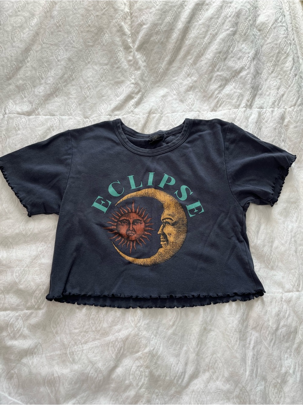 Urban Outfitters Black Eclipse Graphic Crop Tee with Gold & Teal Print size M